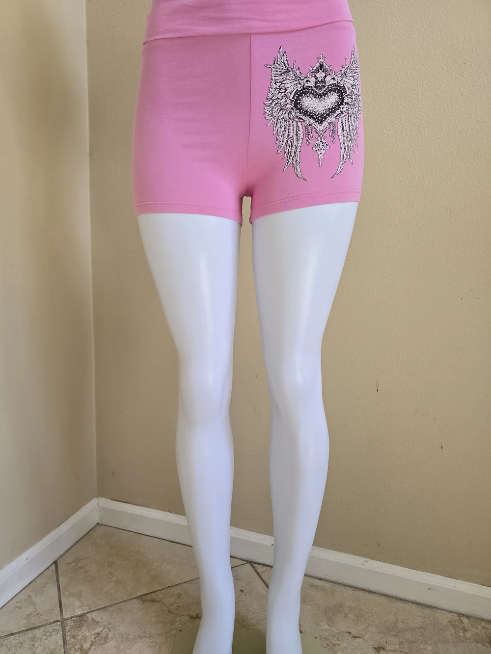 High-Waist Pink Winged Heart Bike Shorts